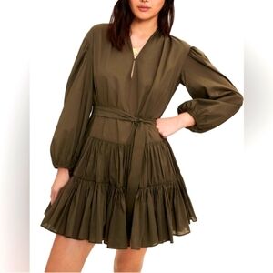Maje Olive Green Ribertine Cotton Belted Pleated Dress